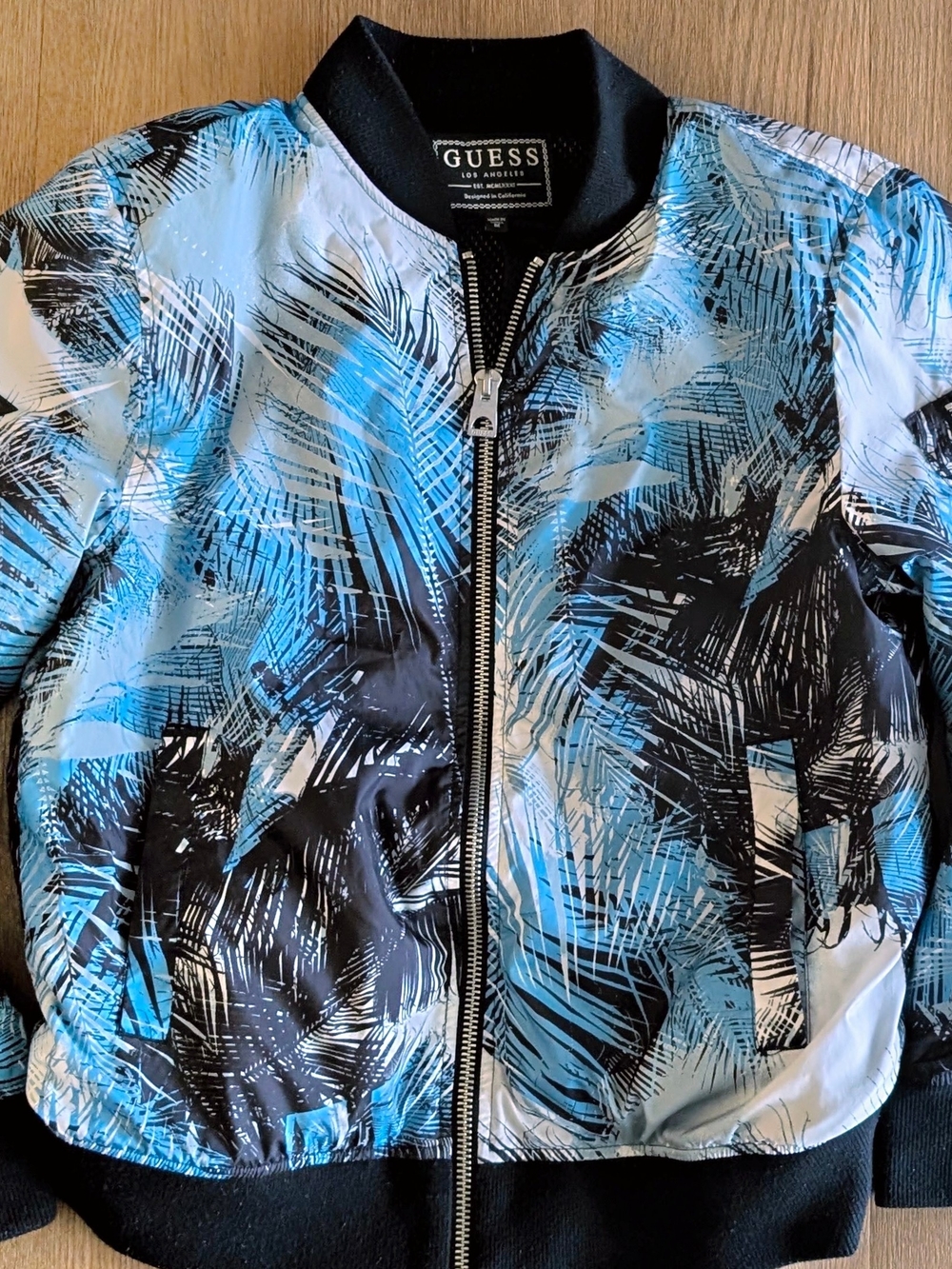 Men's GUESS Black & Blue Palm-Print Bomber Jacket